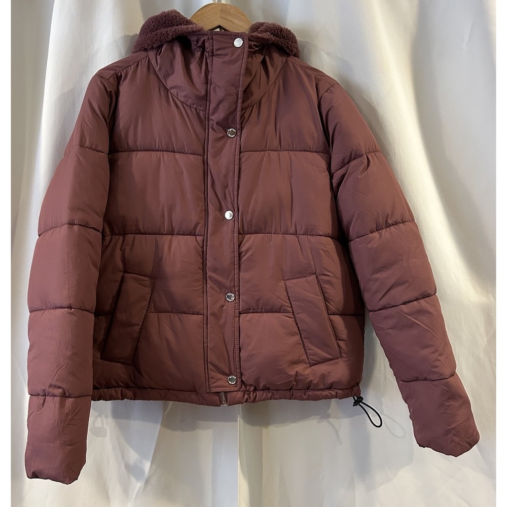 HOLLISTER COZY LINED PUFFER Collection COAT BURGUNDY WOMENS Large Recycled Fill
